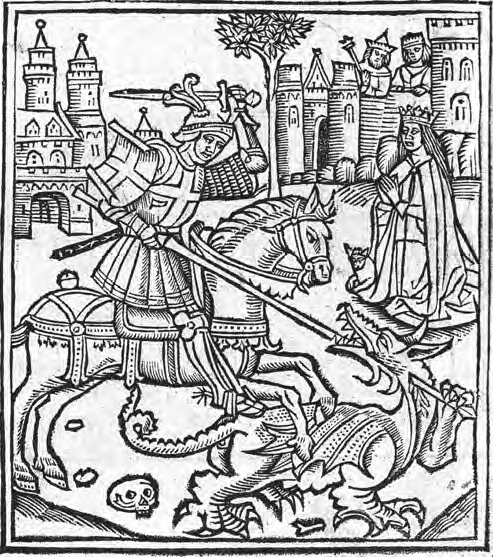 St. George fighting the dragon, woodcut, 1515. Alexander Barclay, Lyfe of Seynt George, West? minster 1515, frontispiece. 